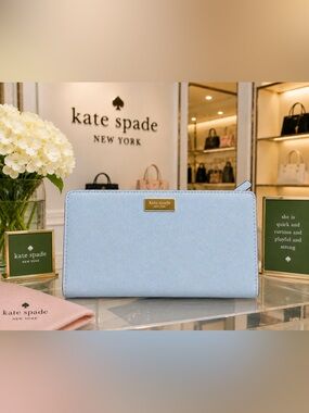Light Blue Saffiano Long Wallet with Gold Plate
